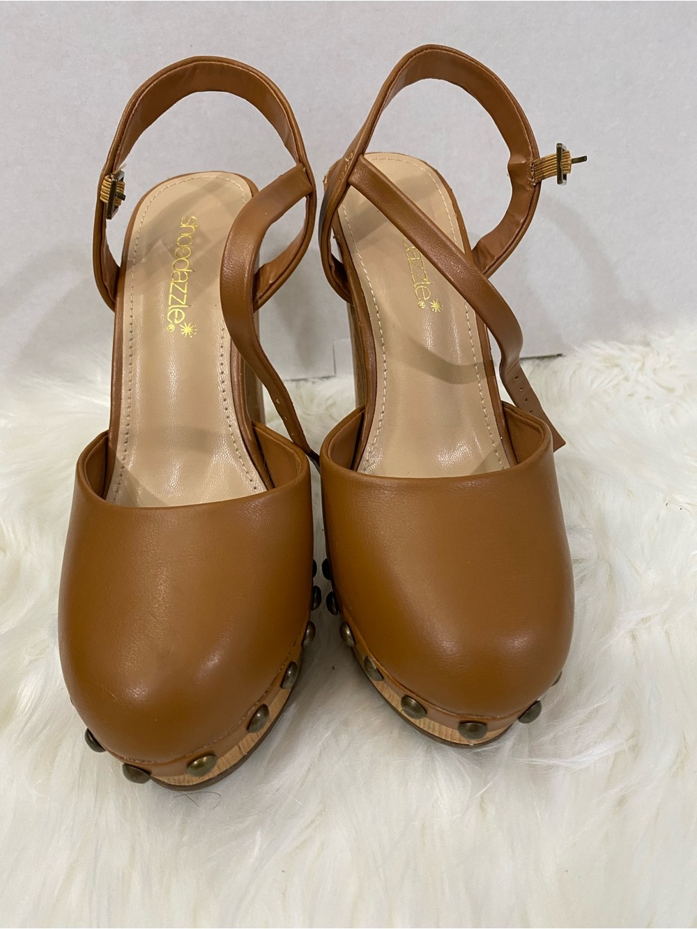 Pre-Loved Maya by Shoedazzle Tan Leather Studded Clog Mules with Ankle Strap